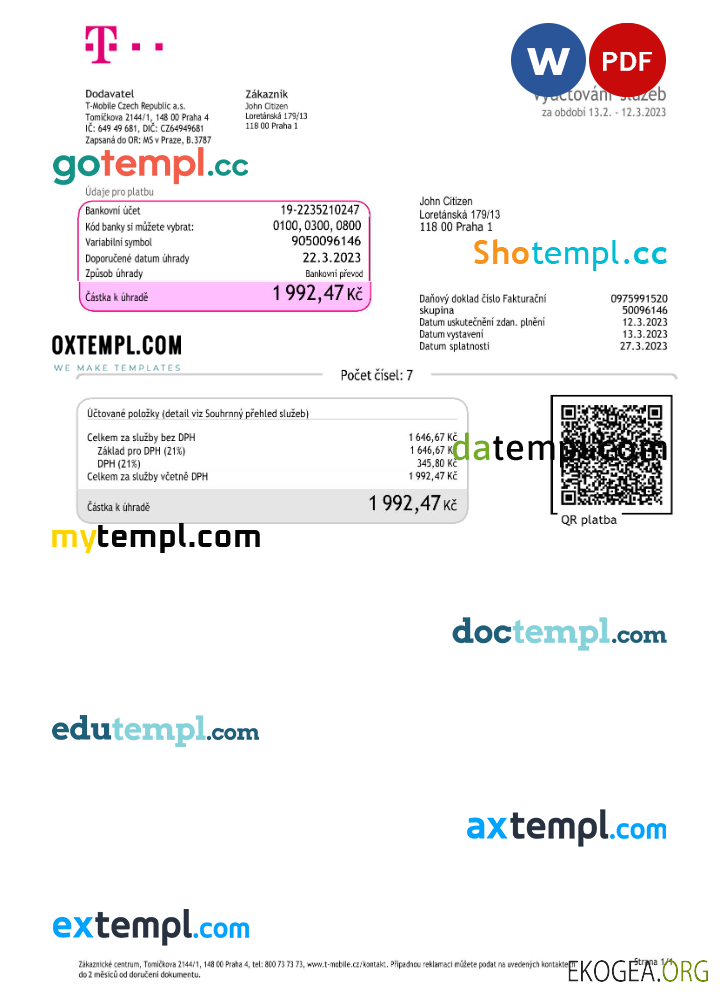 Czech Republic T Mobile utility bill Word and PDF template (2) ka